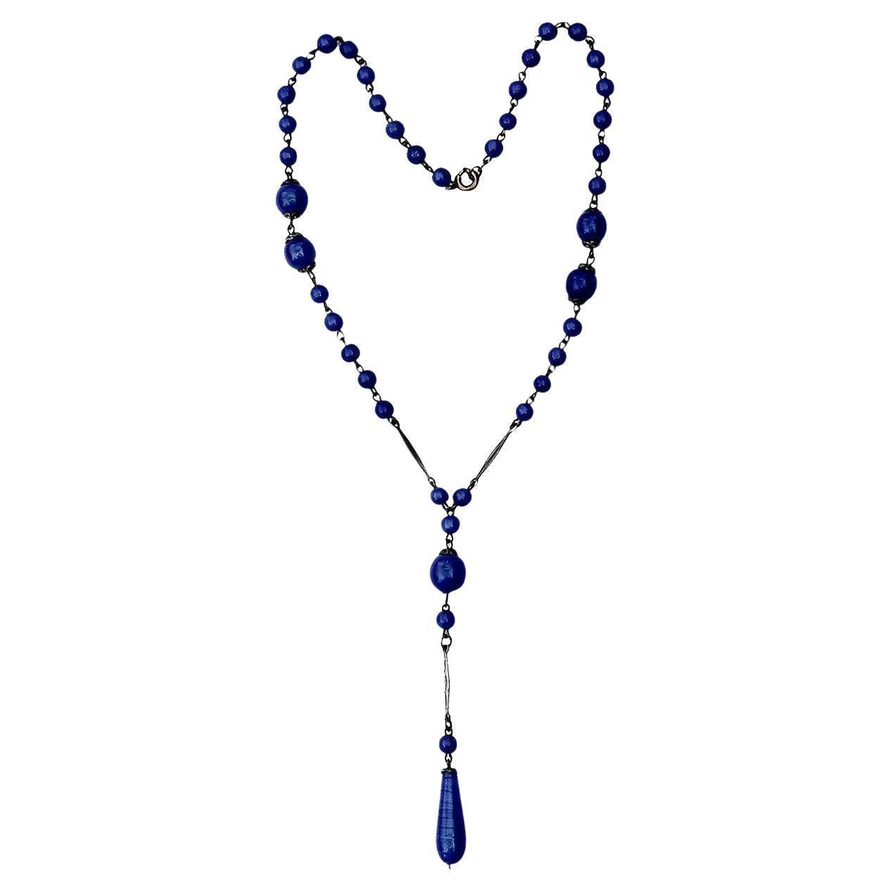 Art Deco Silver Plated and Electric Blue Glass Lavalier Necklace For Sale