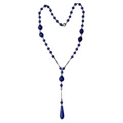 Collana Lavalier Art Deco placcata in argento e vetro blu elettrico
