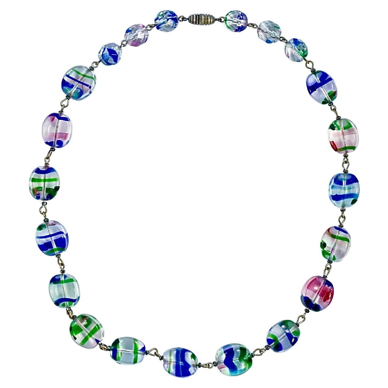 Art Deco Silver Plated and Iris Glass Bead Necklace For Sale