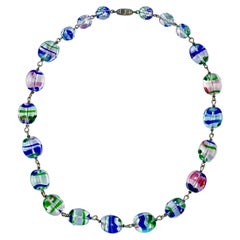 Art Deco Silver Plated and Iris Glass Bead Necklace