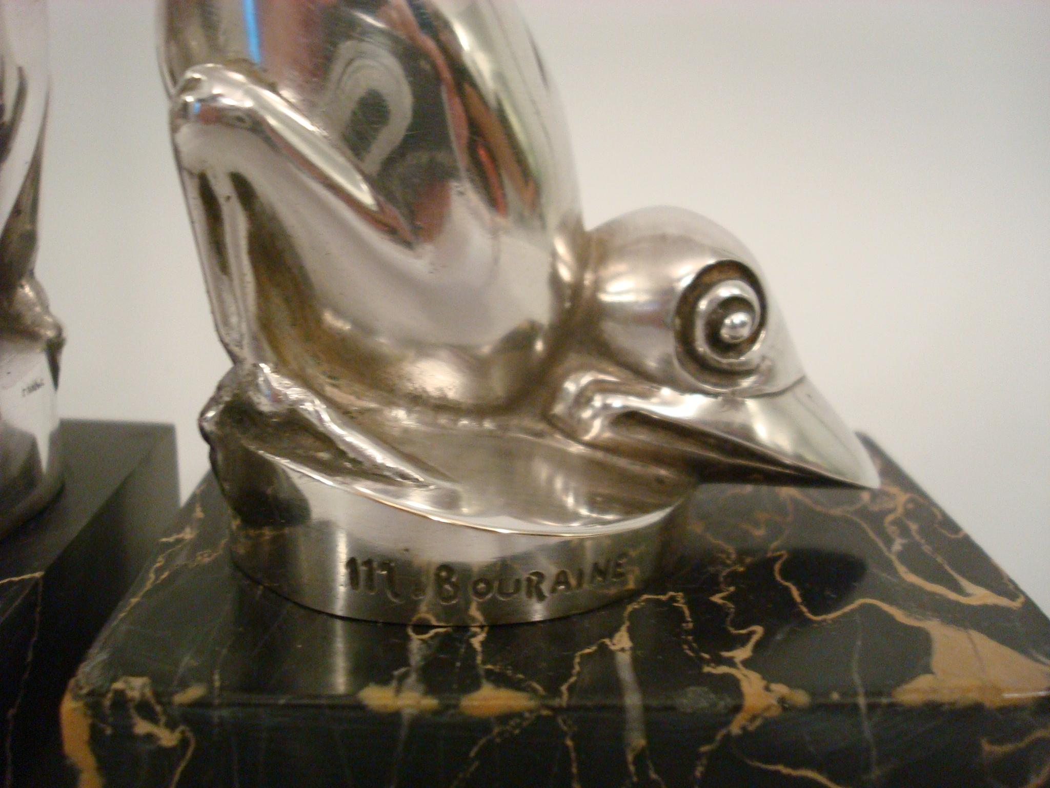 French Art Deco Silver Plated Bronze Birds Bookends, M. Bouraine, France, 1925 For Sale