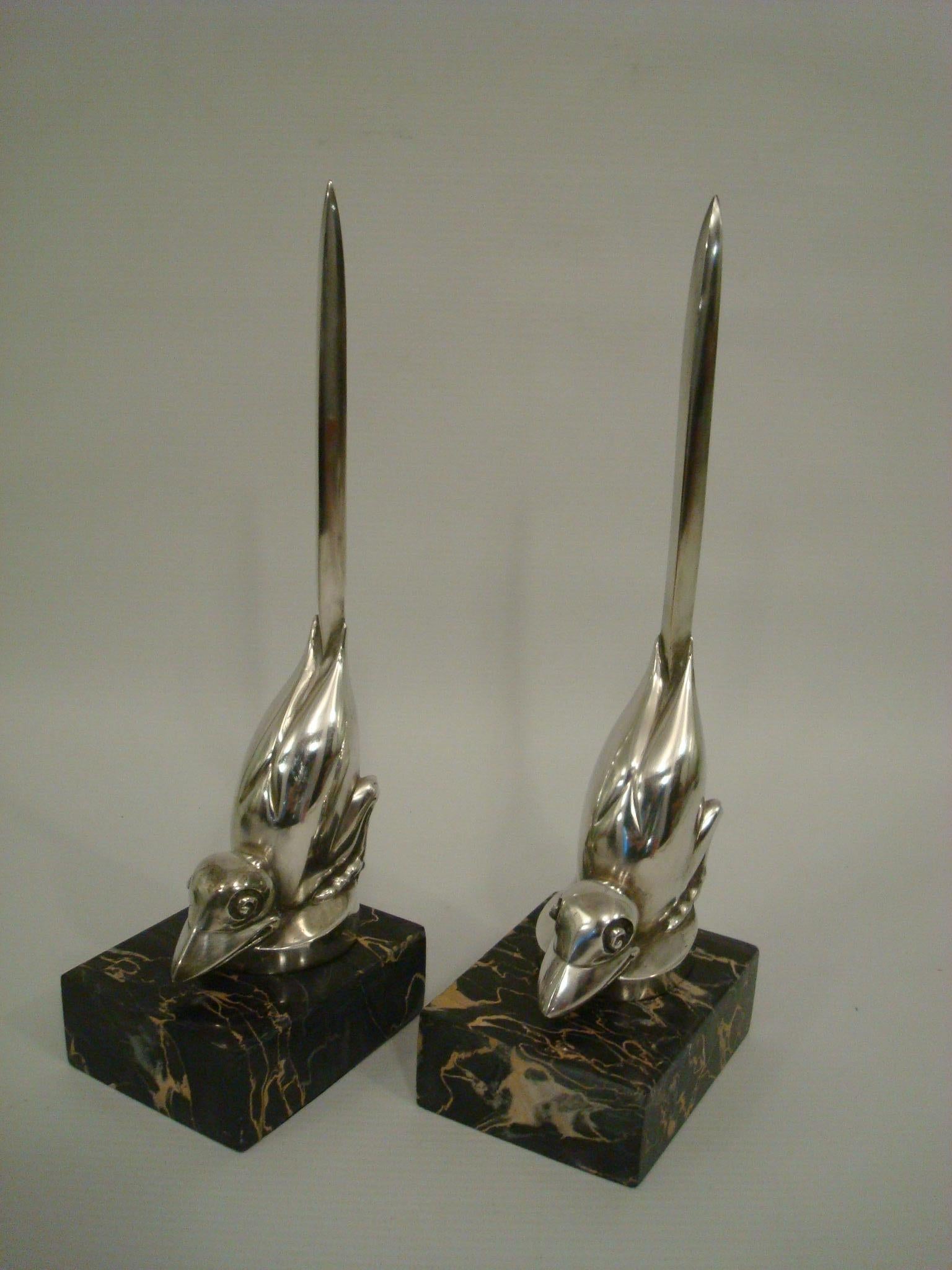 Silvered Art Deco Silver Plated Bronze Birds Bookends, M. Bouraine, France, 1925 For Sale