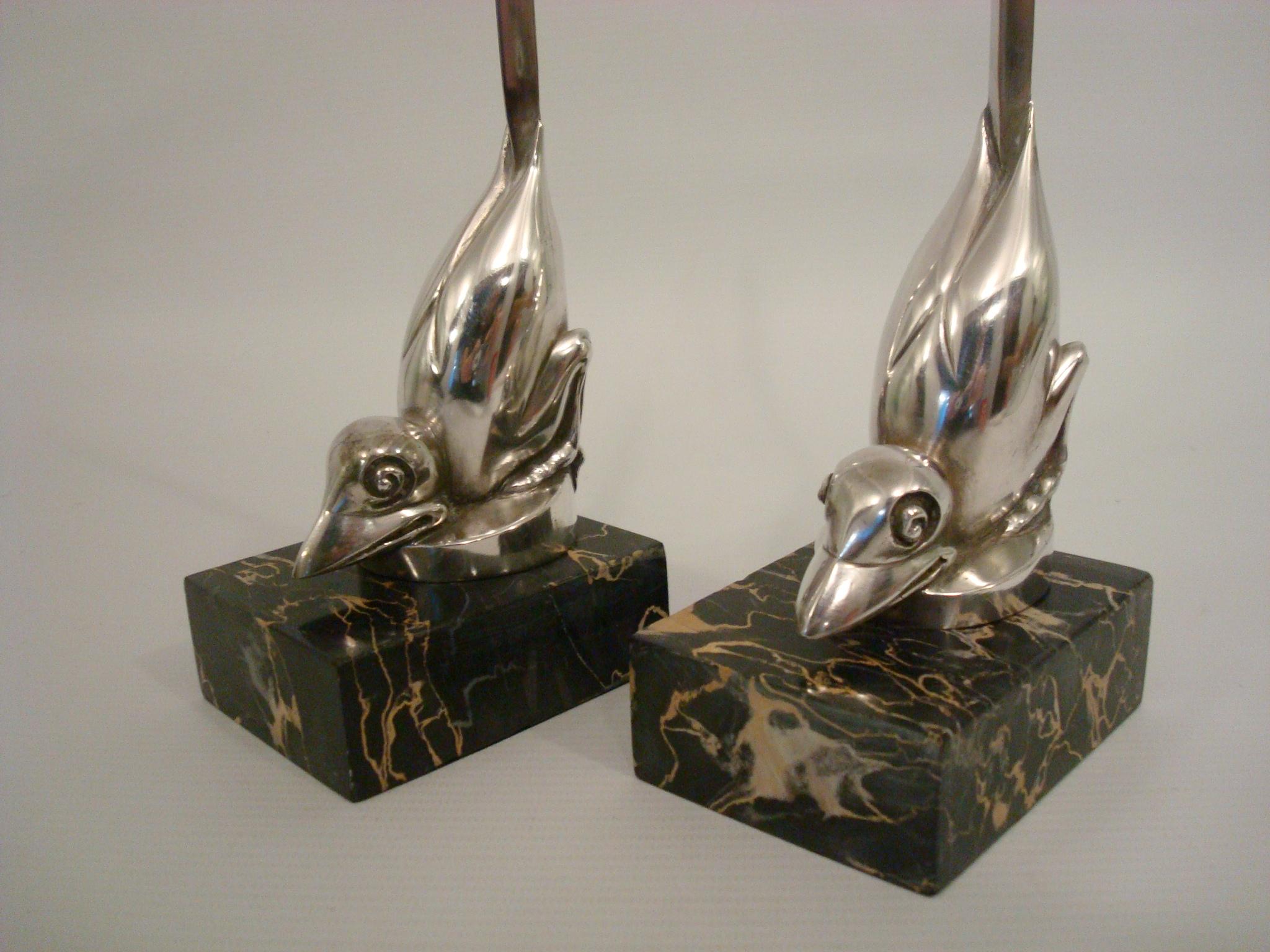 Art Deco Silver Plated Bronze Birds Bookends, M. Bouraine, France, 1925 For Sale 3