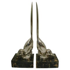 Art Deco Silver Plated Bronze Birds Bookends, M. Bouraine, France, 1925