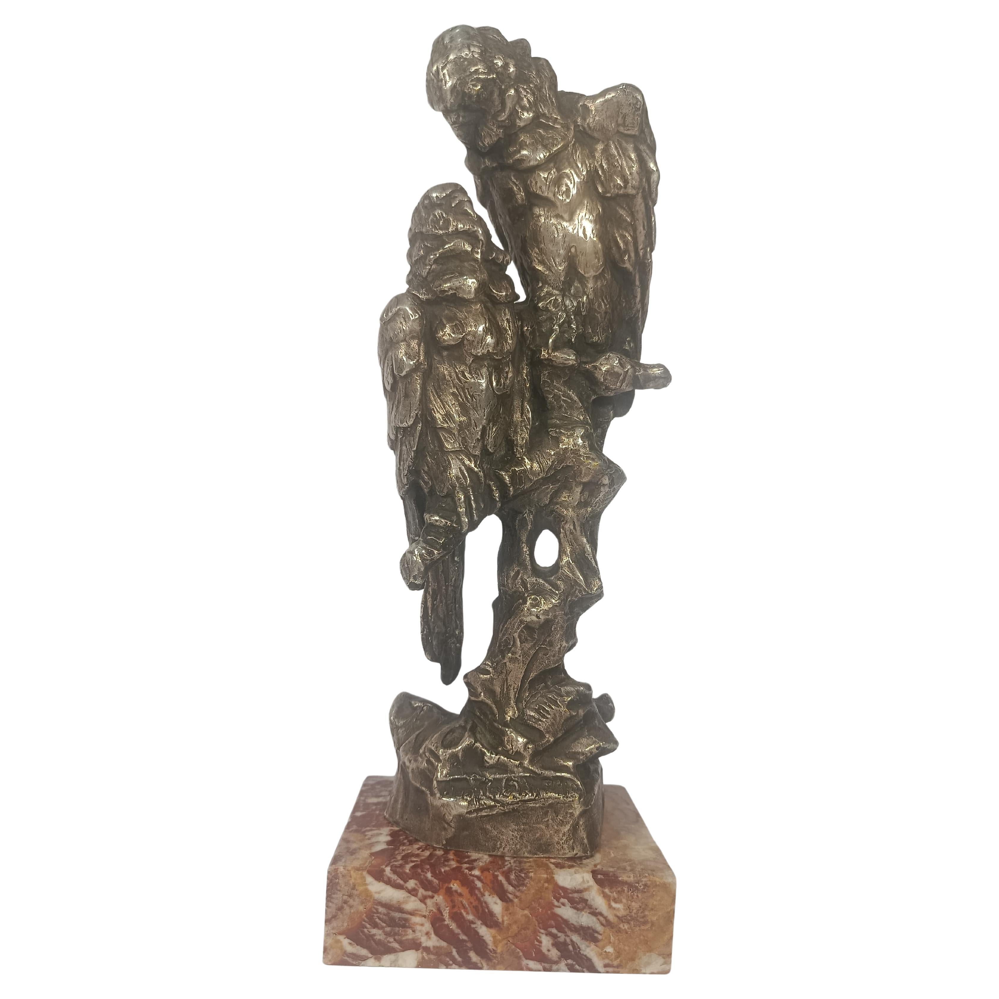 Scultura in bronzo placcato argento Art Deco Coppia di cacatua Francia in vendita