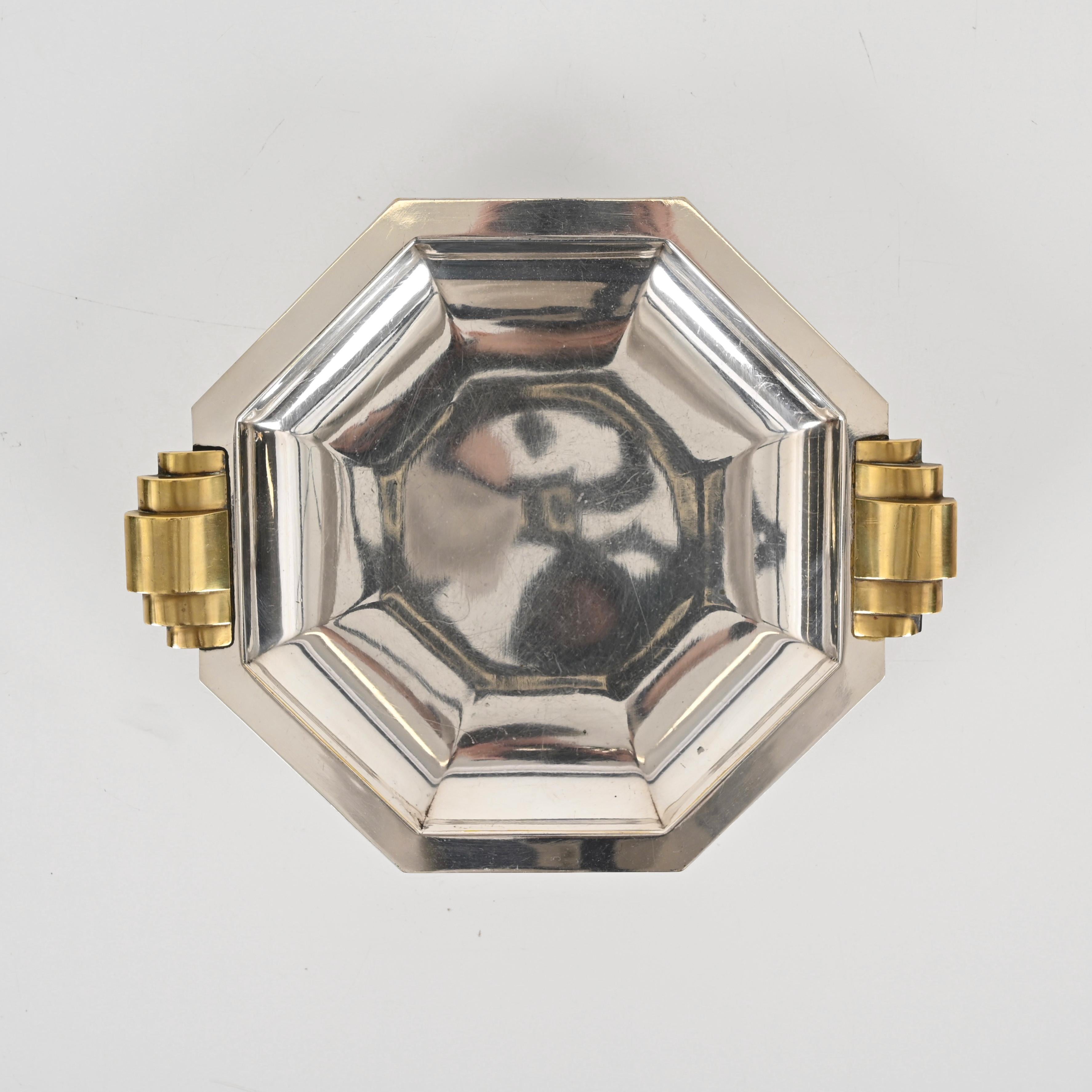 Centro de mesa o Vide-Poche Art Decó plateado con asas de latón, Italia Años 30 Italiano en venta