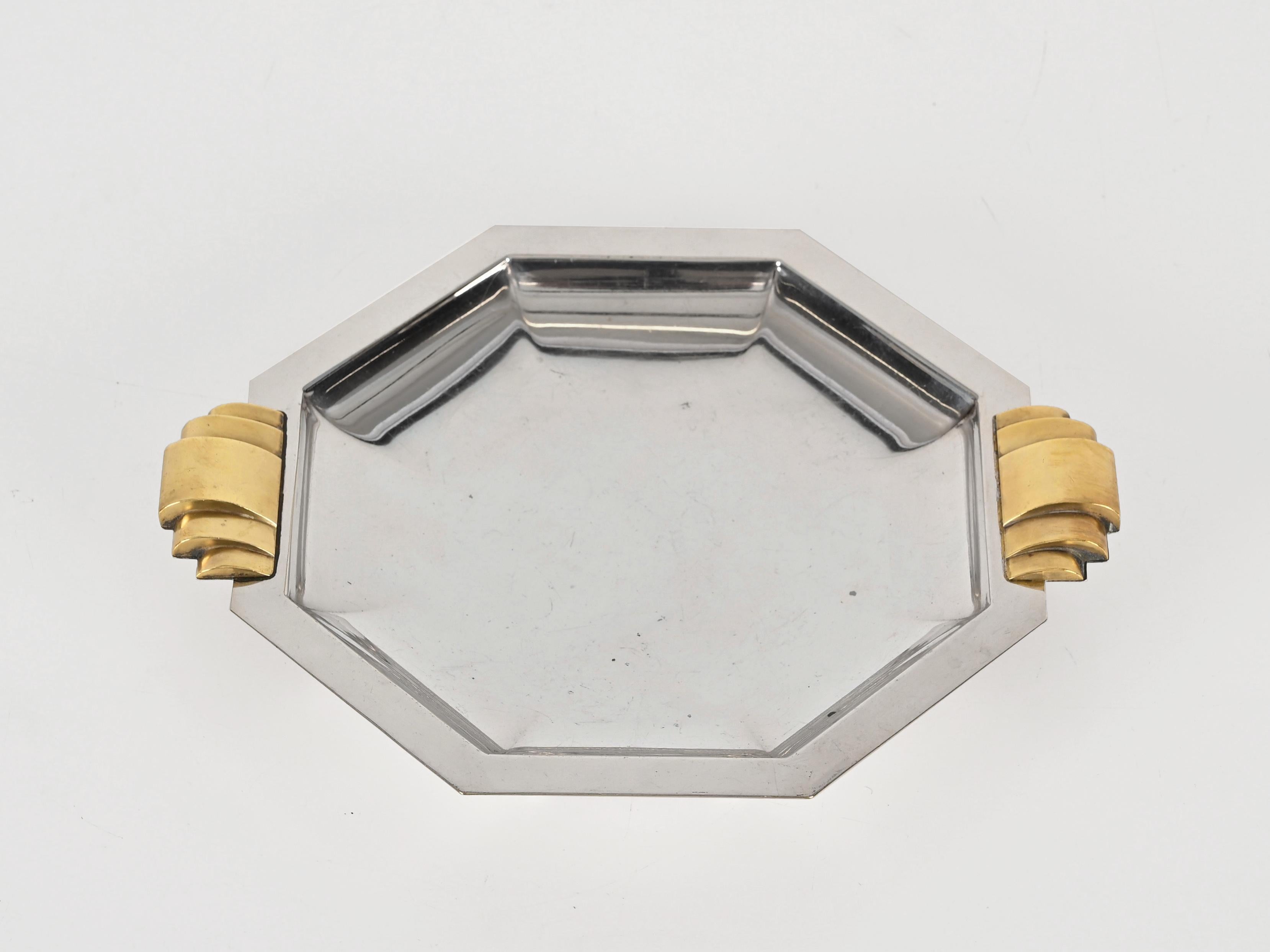 Centro de mesa o Vide-Poche Art Decó plateado con asas de latón, Italia Años 30 en Bueno estado para la venta en Roma, IT