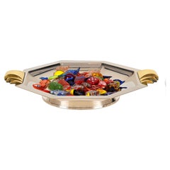 Art Deco Silver Plated Centerpiece or Vide-Poche with Brass Handles, Italy 1930s