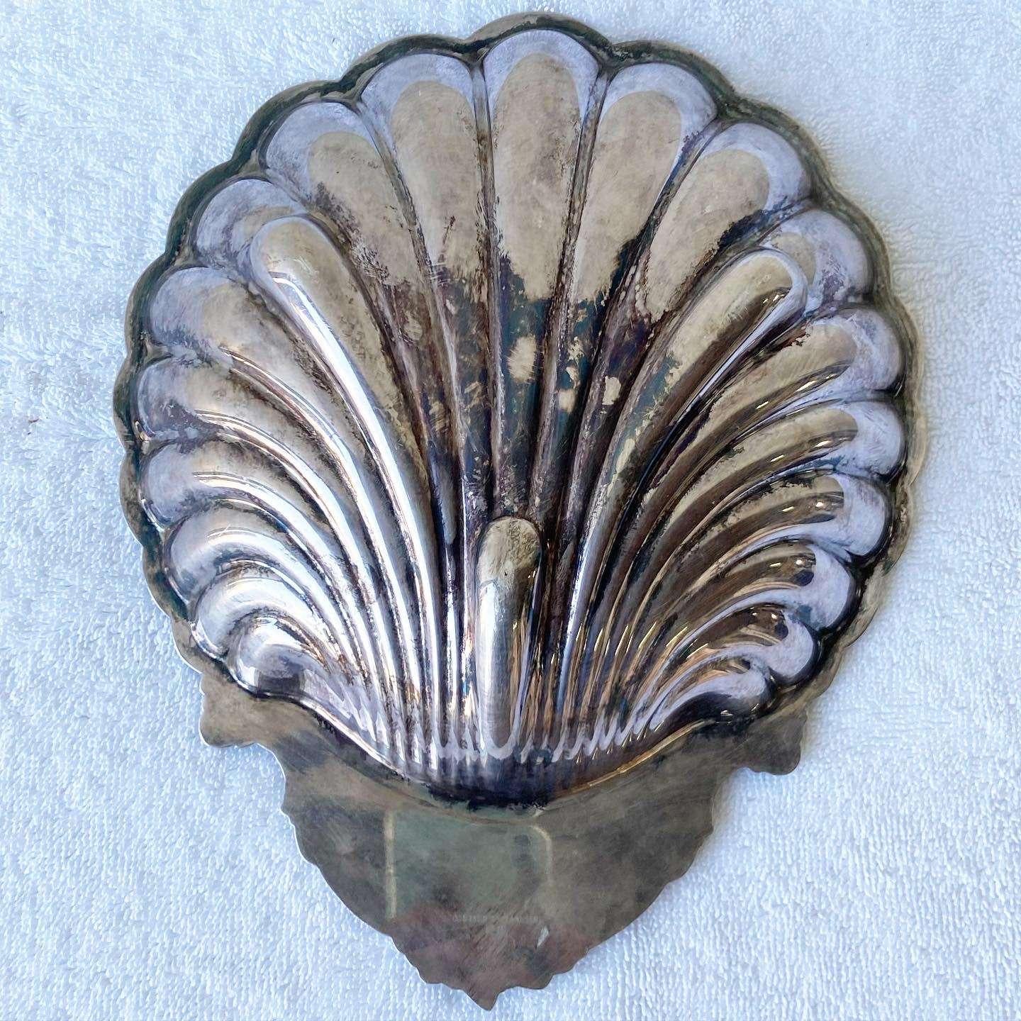 Metal Art Deco Silver Plated Clam Shell Dish/Catch All For Sale