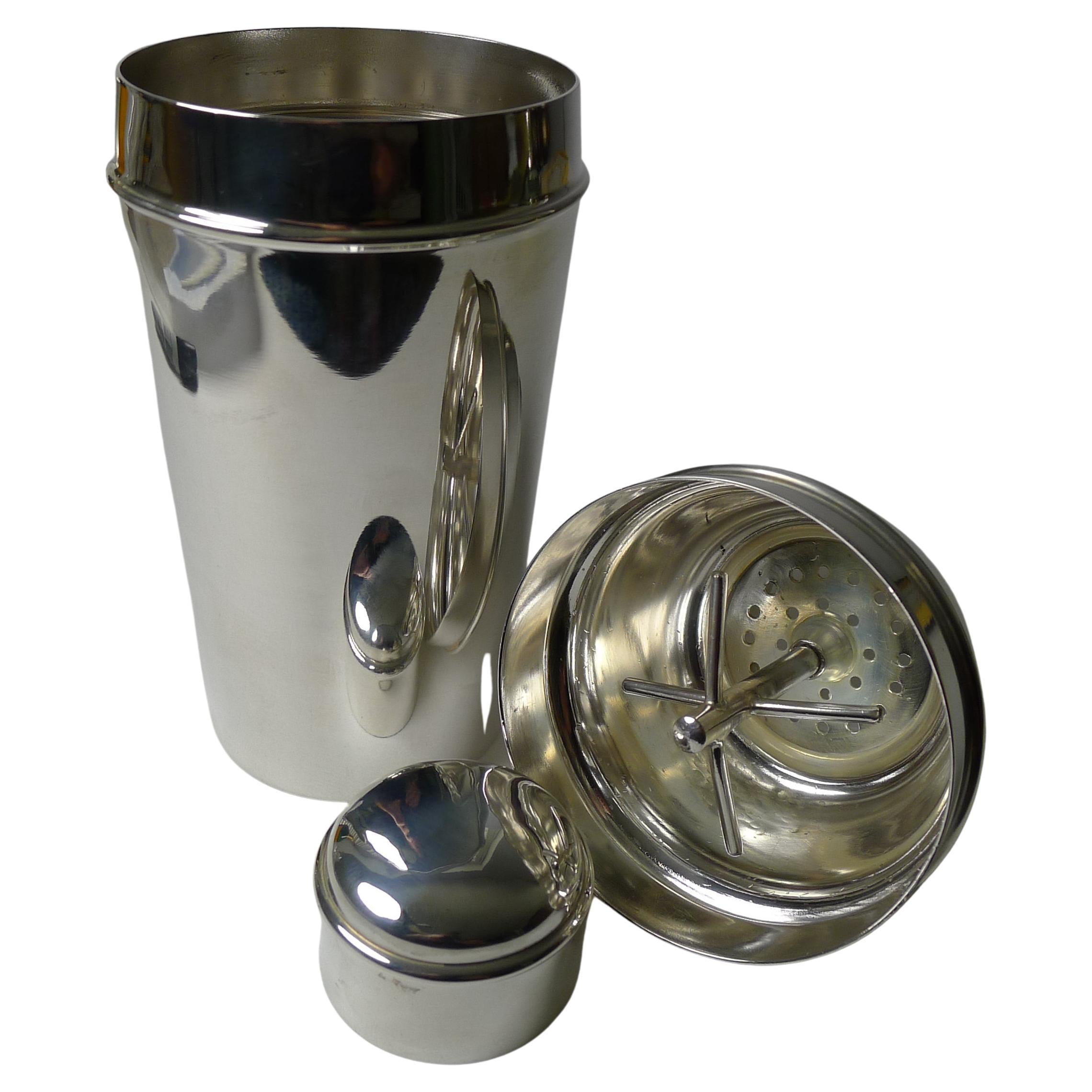 Art Deco Silver Plated Cocktail Shaker by Mappin & Webb, Integral Ice Breaker For Sale