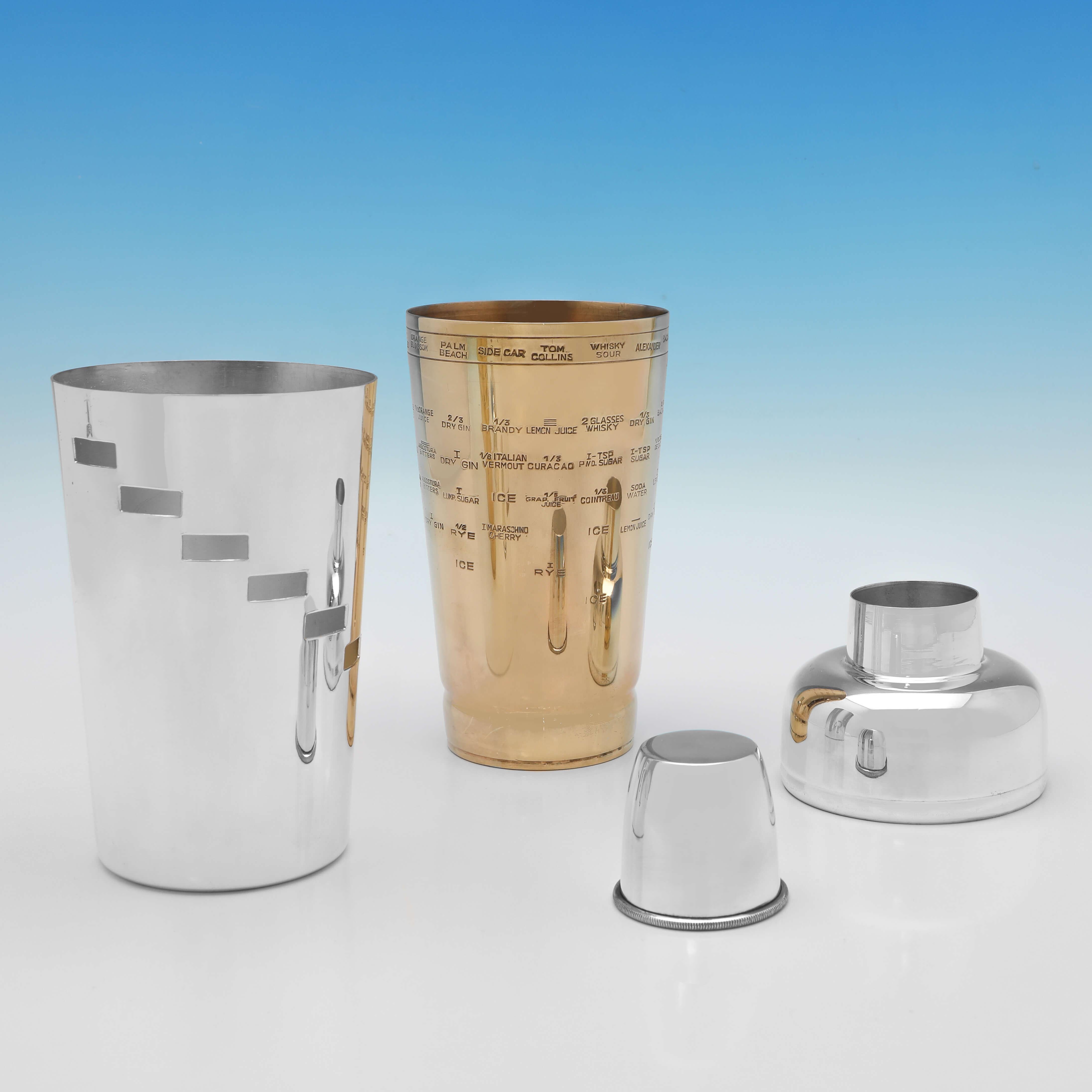 Made in Milan c.1930 by Giuliano Bossi under the Ibis trademark, this very handsome, silver plated cocktail shaker, is a fine example of art deco elegance, and is a 'dial a drink' recipe cocktail shaker, where cocktail recipes engraved on the gilt