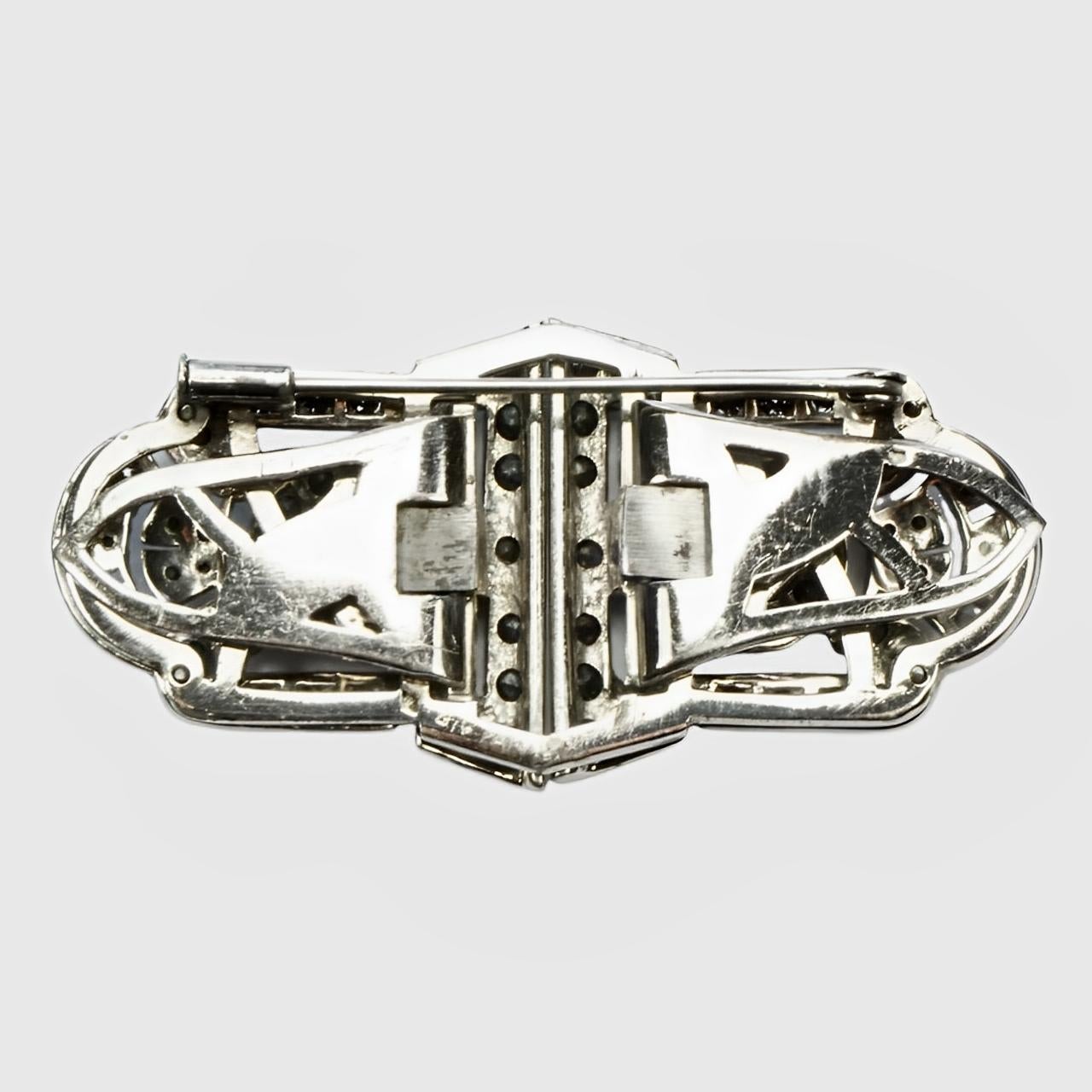Art Deco Silver Plated Duette Brooch with Rhinestones circa 1930s In Good Condition For Sale In London, GB