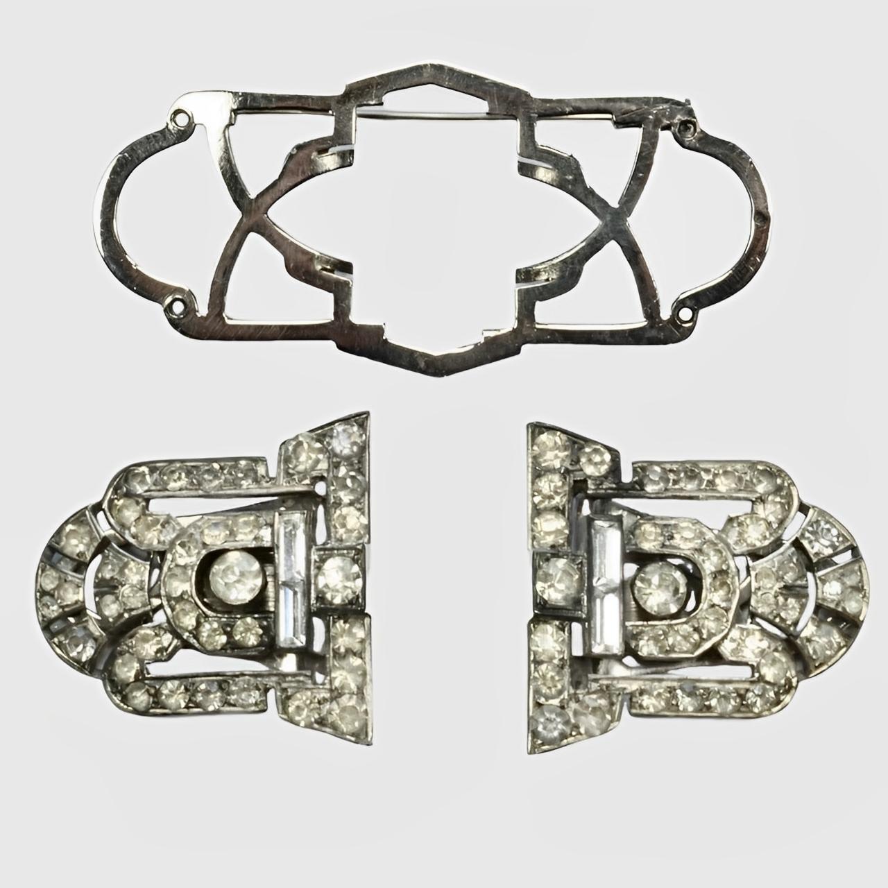 Women's or Men's Art Deco Silver Plated Duette Brooch with Rhinestones circa 1930s For Sale