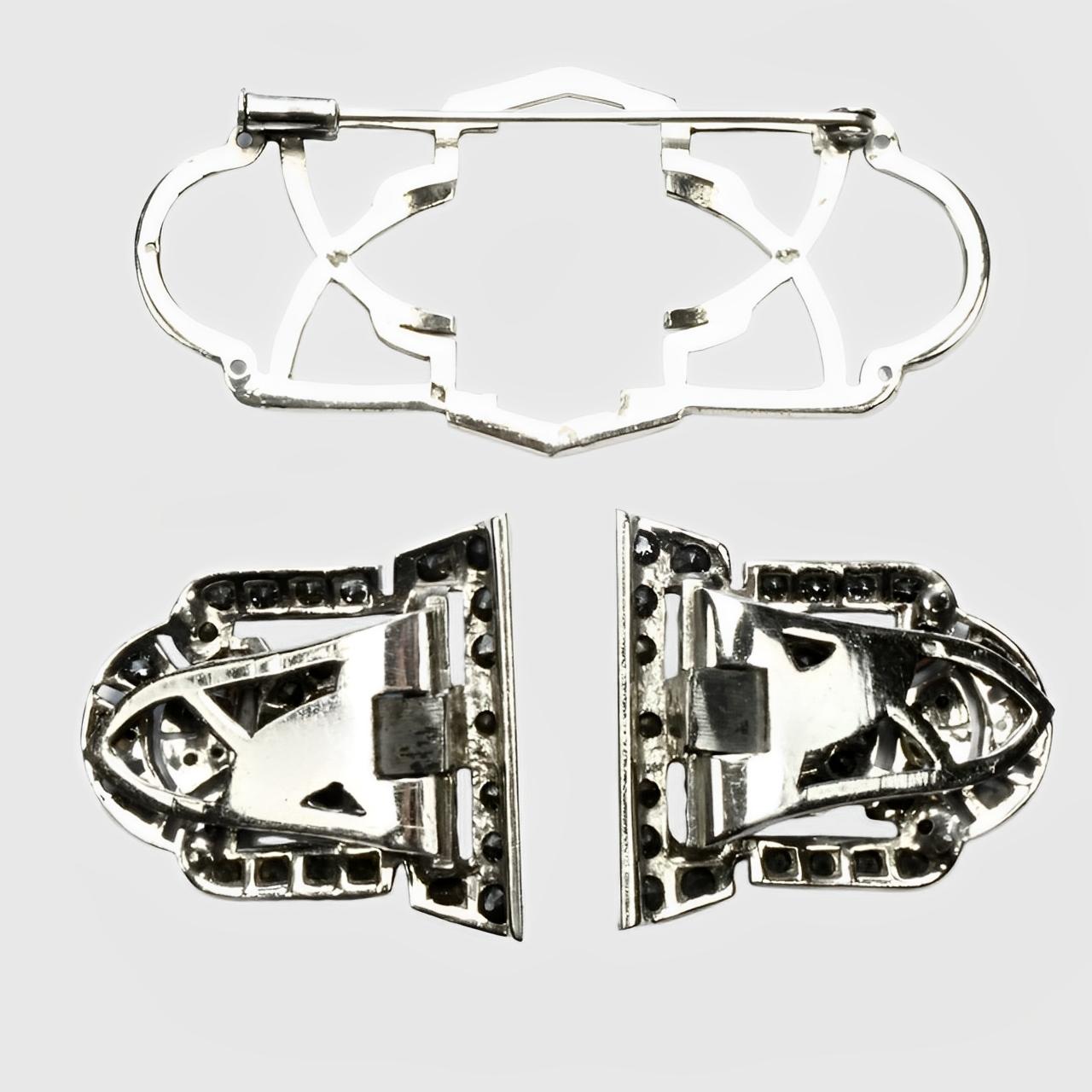 Art Deco Silver Plated Duette Brooch with Rhinestones circa 1930s For Sale 1
