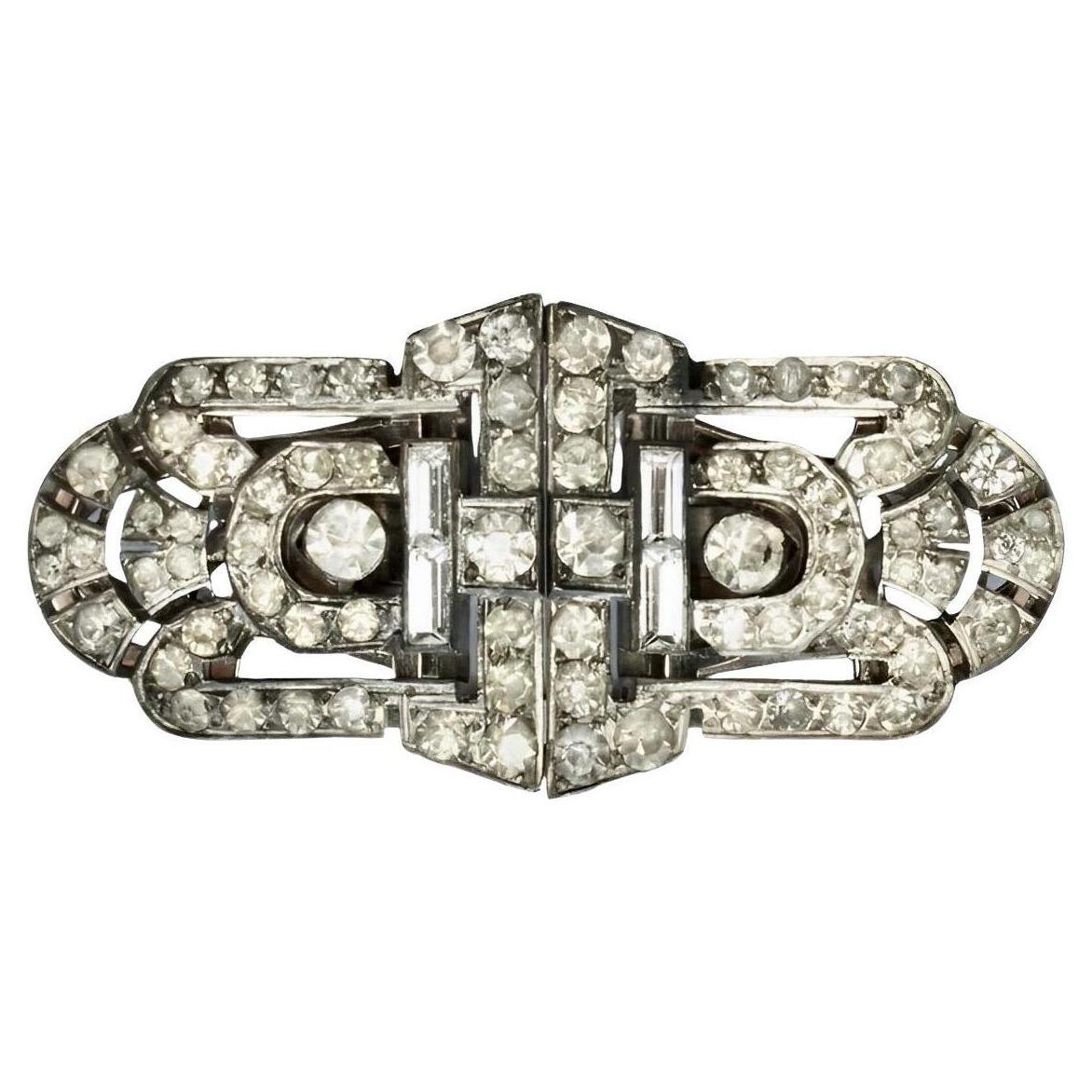 Art Deco Silver Plated Duette Brooch with Rhinestones circa 1930s