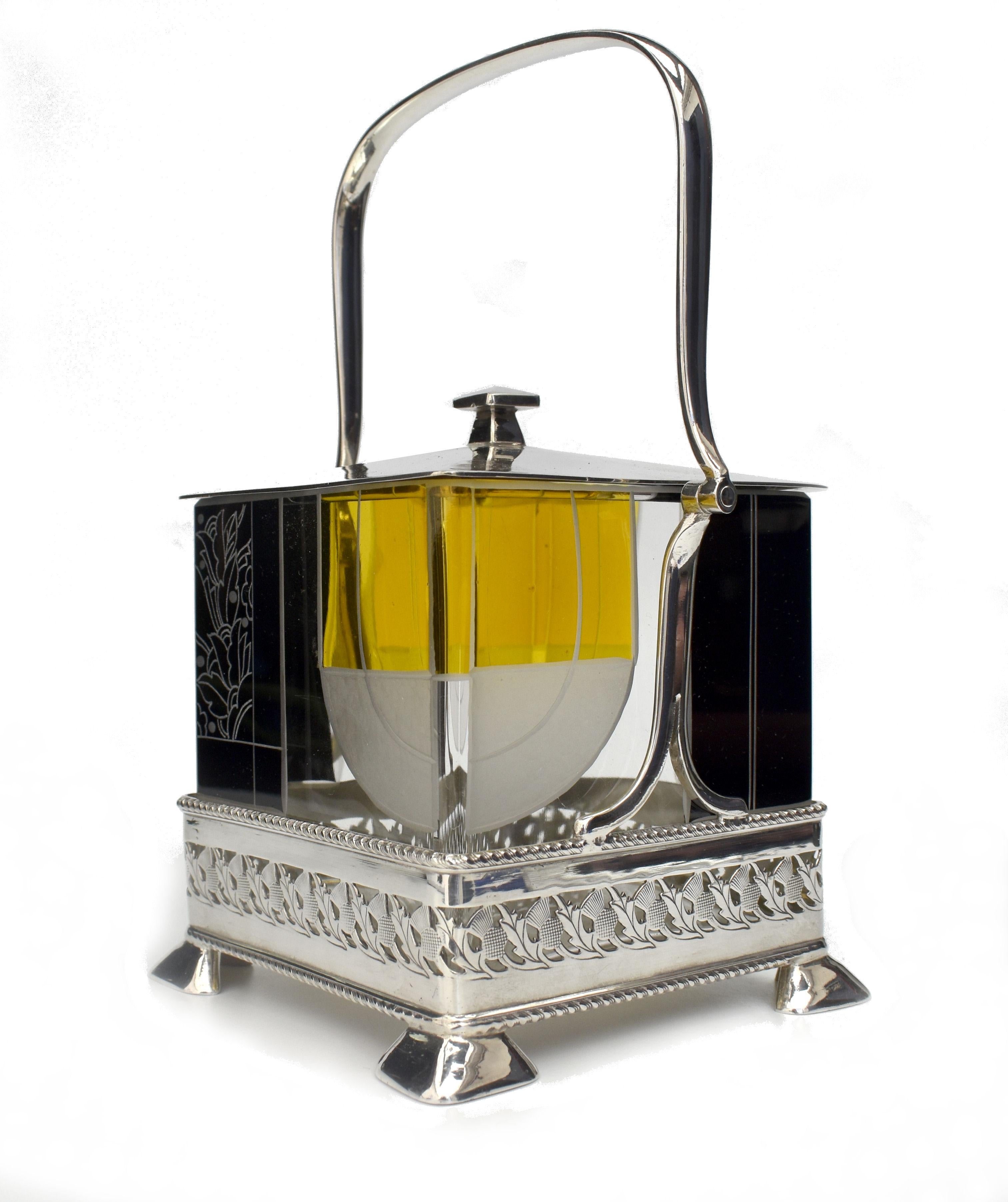 European Art Deco Silver Plated & Glass Preserve Jar, circa 1930 For Sale