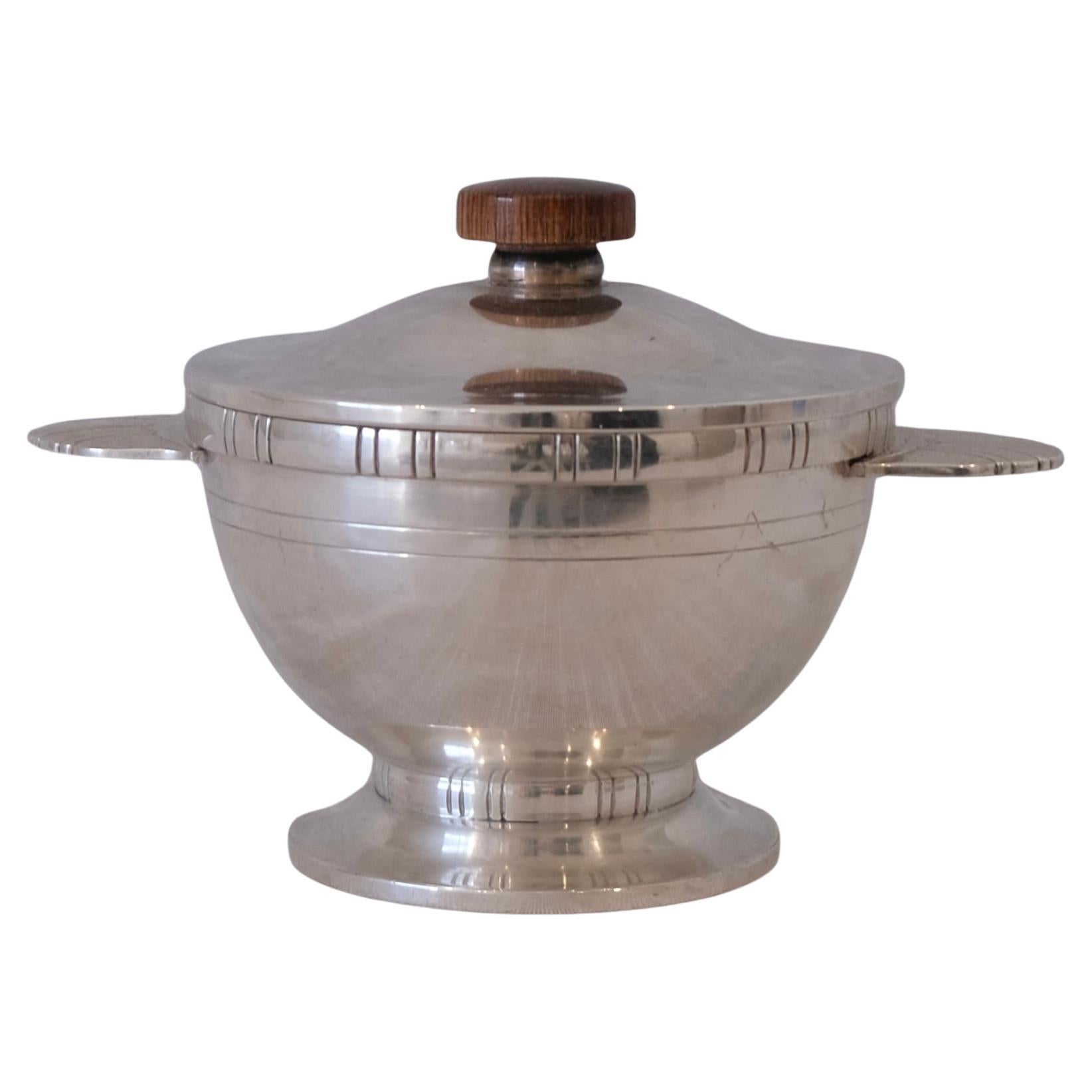 Art Deco Silver-Plated Lidded Sugar Bowl with Wood Finial, circa 1930s