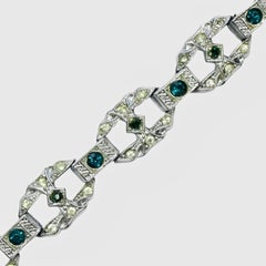 Art Deco Silver Plated Link Bracelet with Aqua Green Clear Rhinestones