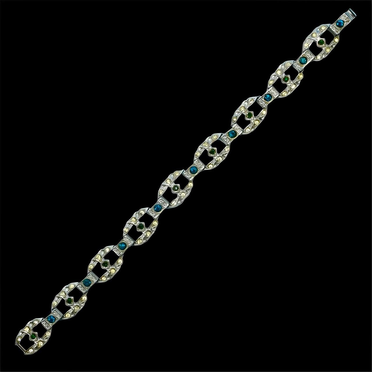 Bracelet à maillons en métal argenté Art déco avec strass transparents vert aqua en vente 1