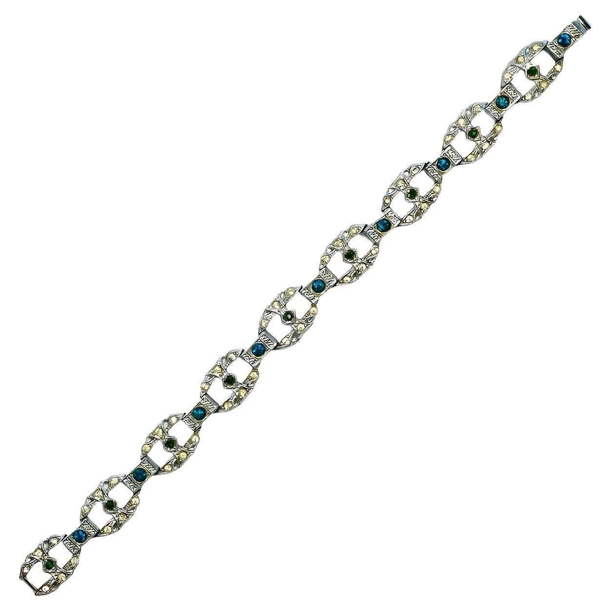 Bracelet à maillons en métal argenté Art déco avec strass transparents vert aqua