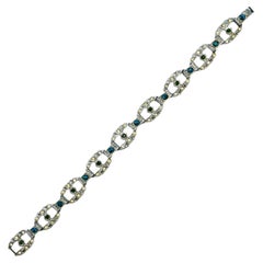Vintage Art Deco Silver Plated Link Bracelet with Aqua Green Clear Rhinestones