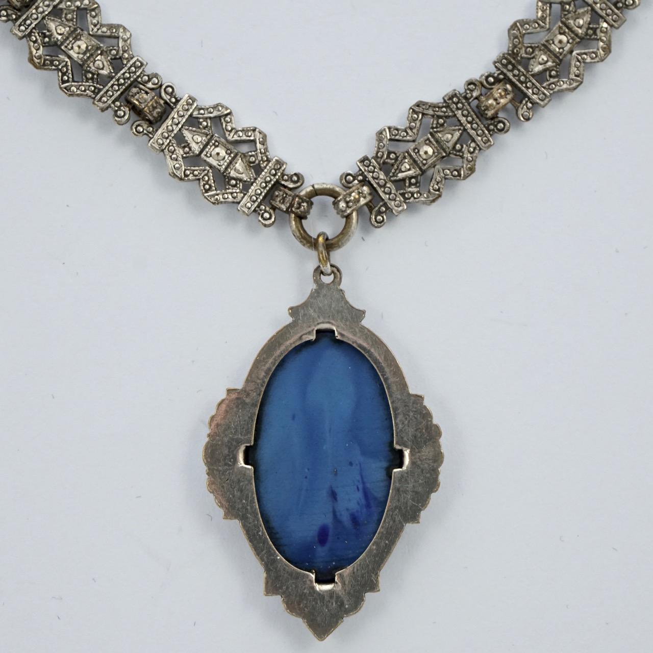 Oval Cut Art Deco Silver Plated Link Chain Sautoir Necklace with Lapis Lazuli Pendant
