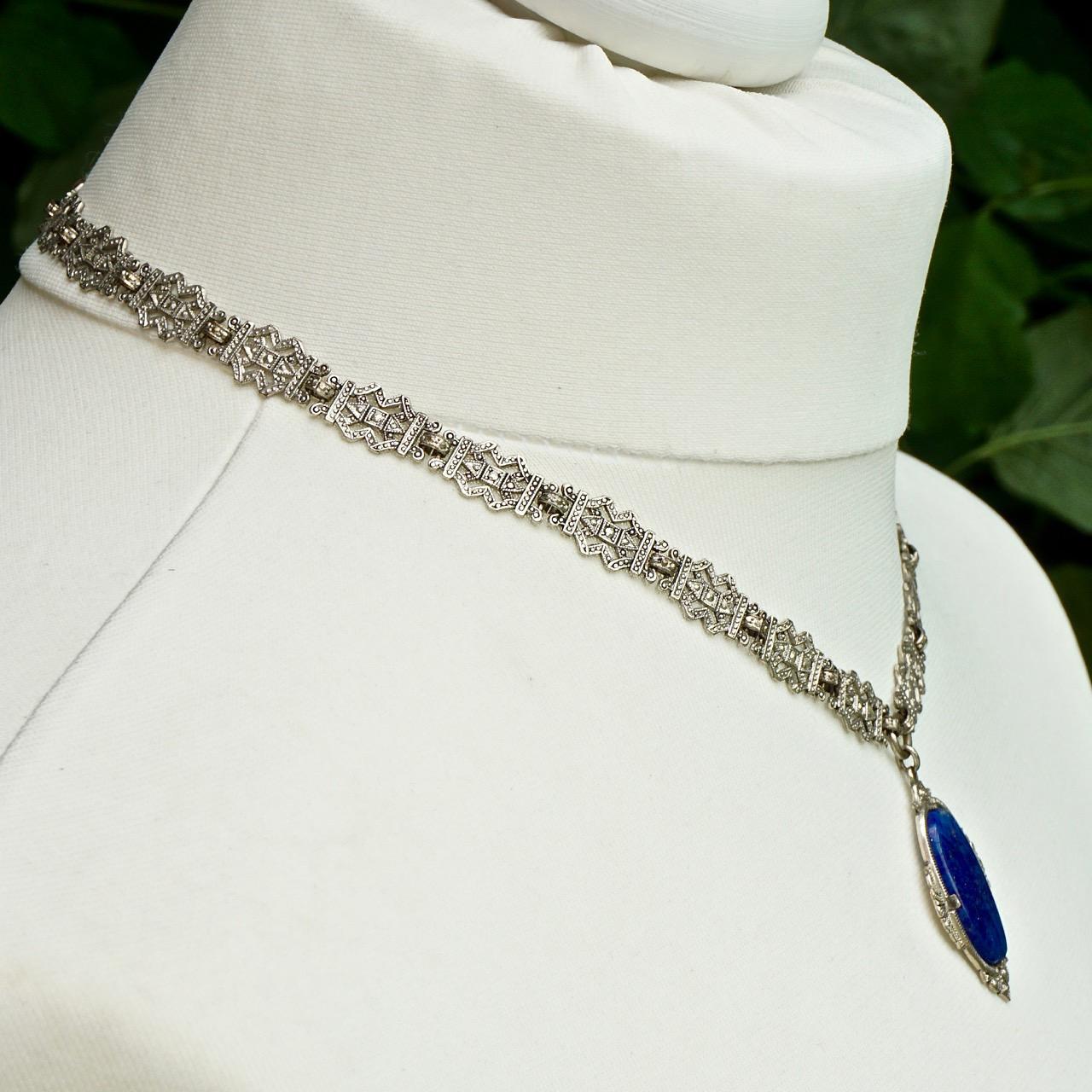 Women's or Men's Art Deco Silver Plated Link Chain Sautoir Necklace with Lapis Lazuli Pendant