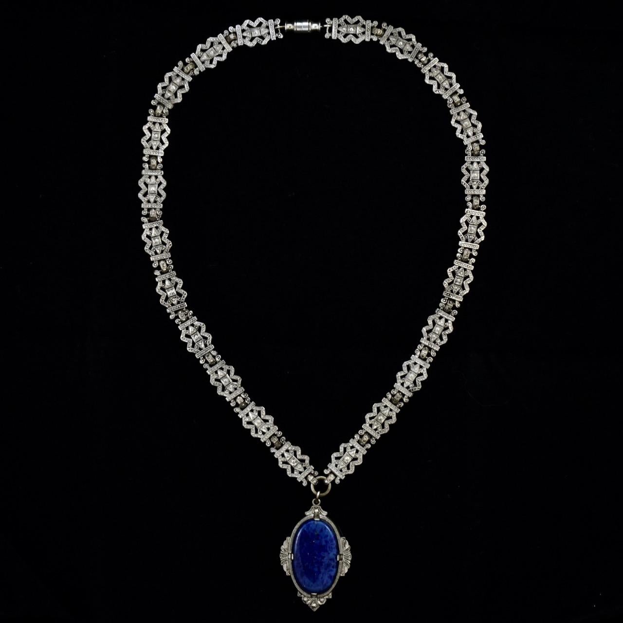Art Deco Silver Plated Link Chain Sautoir Necklace with Lapis Lazuli Pendant 1