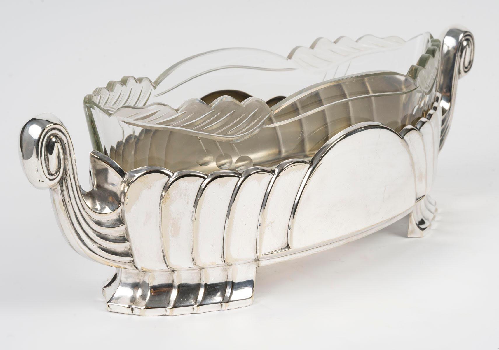 Français Bol Art déco en métal argenté et cristal, 1930. en vente