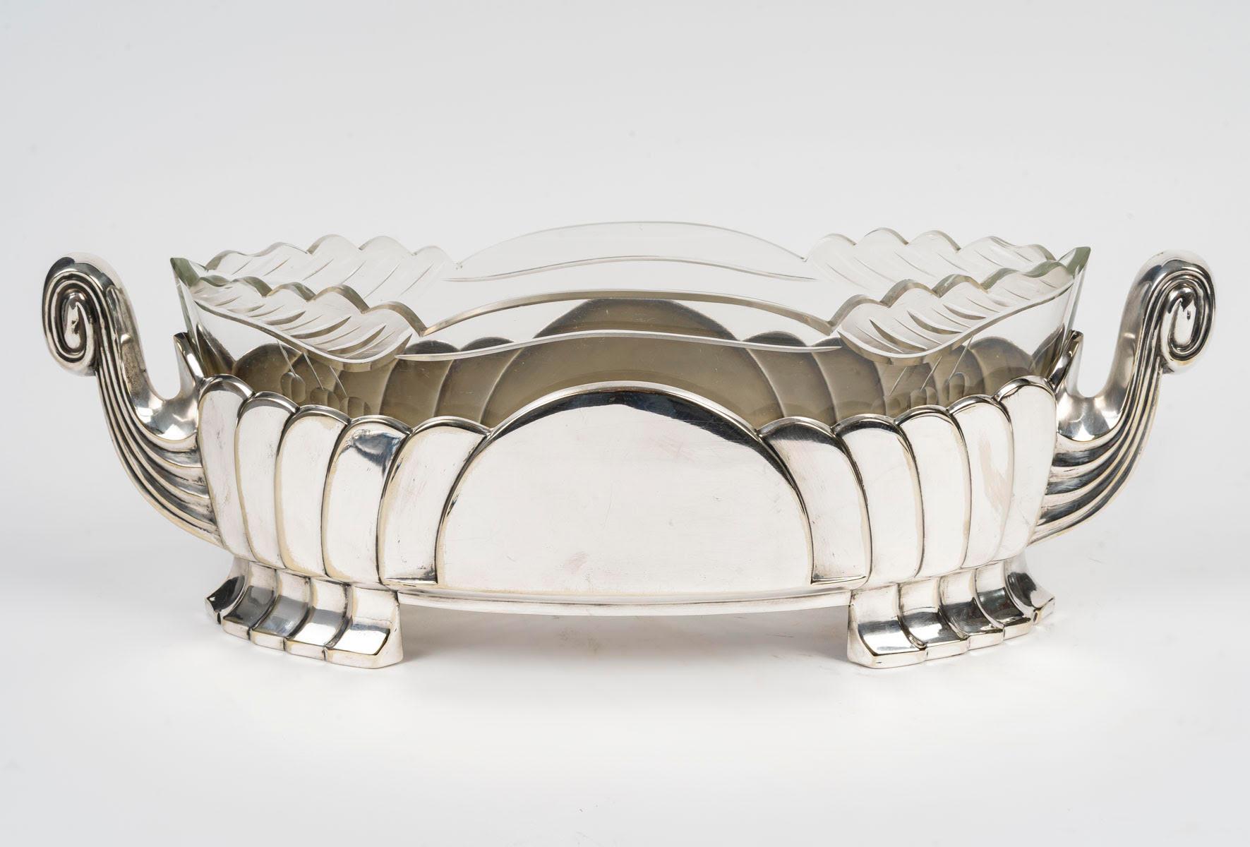 20ième siècle Bol Art déco en métal argenté et cristal, 1930. en vente