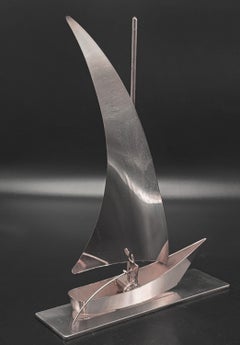 Art Deco silver-plated sailboat with fisherman by Hagenauer