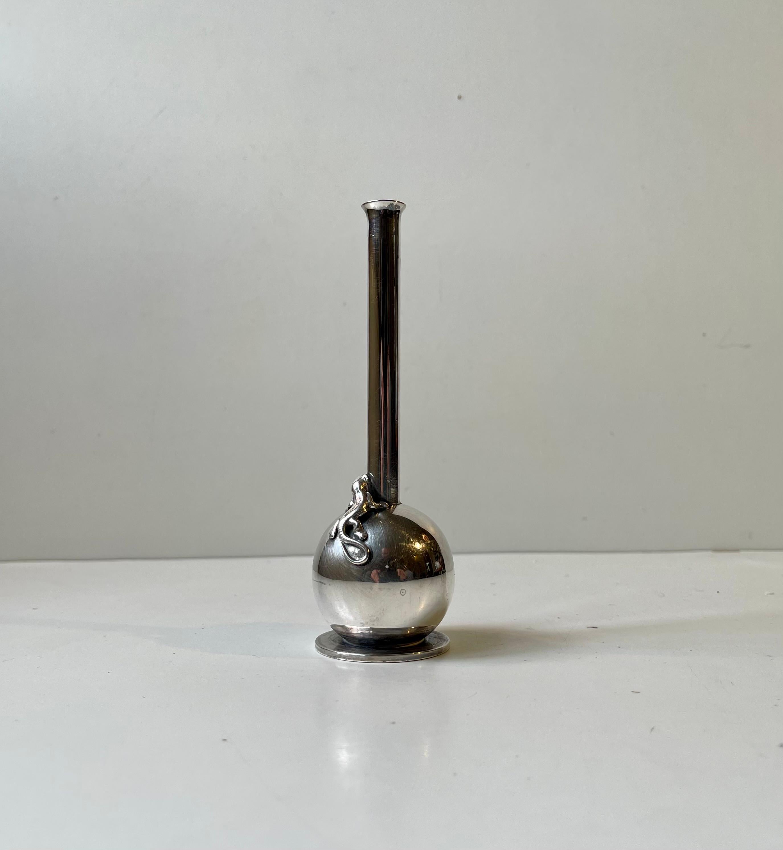 Danish Art Deco Silver Plated Single Flower Vase w. Lizard by Hugo Grün For Sale