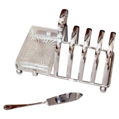 Art Deco Silver-Plated Toast Rack with Matching Tray Crystal Butter Dish Knife
