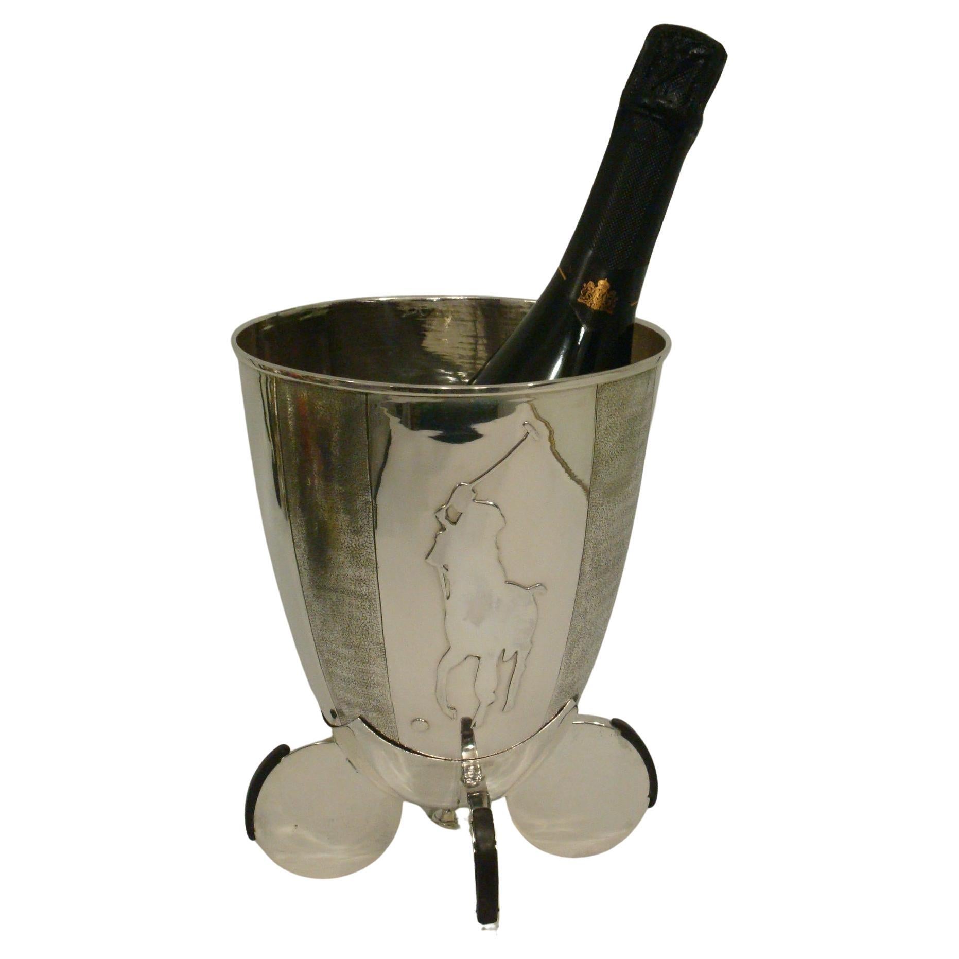 Silberner Polospieler / Pferd Wein- oder Champagnerkühler im Art déco-Stil  Trophäe aus den 1920er Jahren 