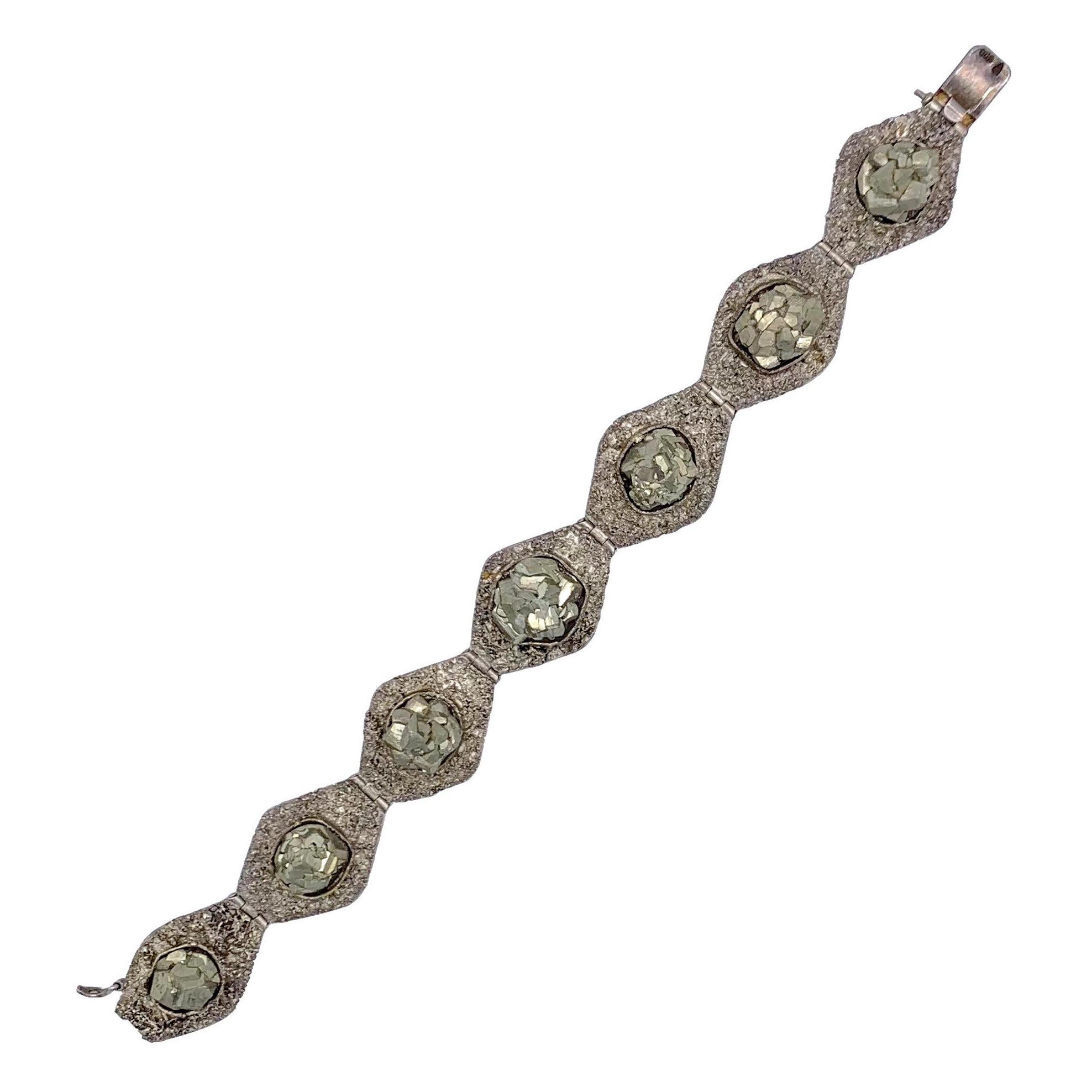 Art Deco Silver Pyrite Cubic Crystal Bracelet For Sale