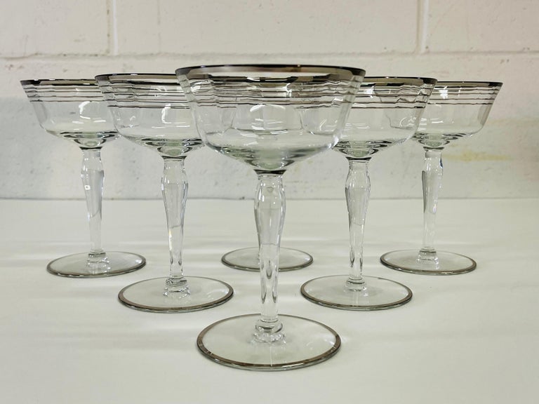 Art Deco set of six tall silver ring glass coupes. No marks.