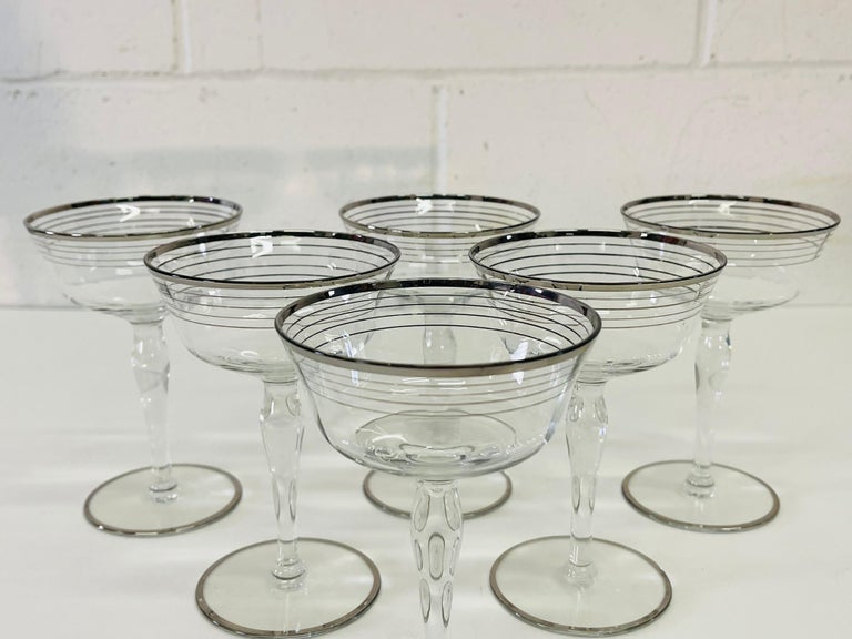 Art Deco Silver Ring Tall Glass Coupes, Set of 6 In Good Condition For Sale In Amherst, NH