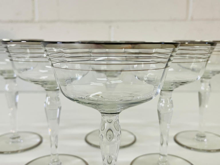 20th Century Art Deco Silver Ring Tall Glass Coupes, Set of 6 For Sale