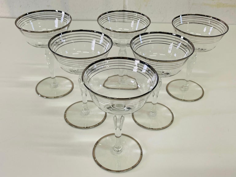 Art Deco Silver Ring Tall Glass Coupes, Set of 6 For Sale 2