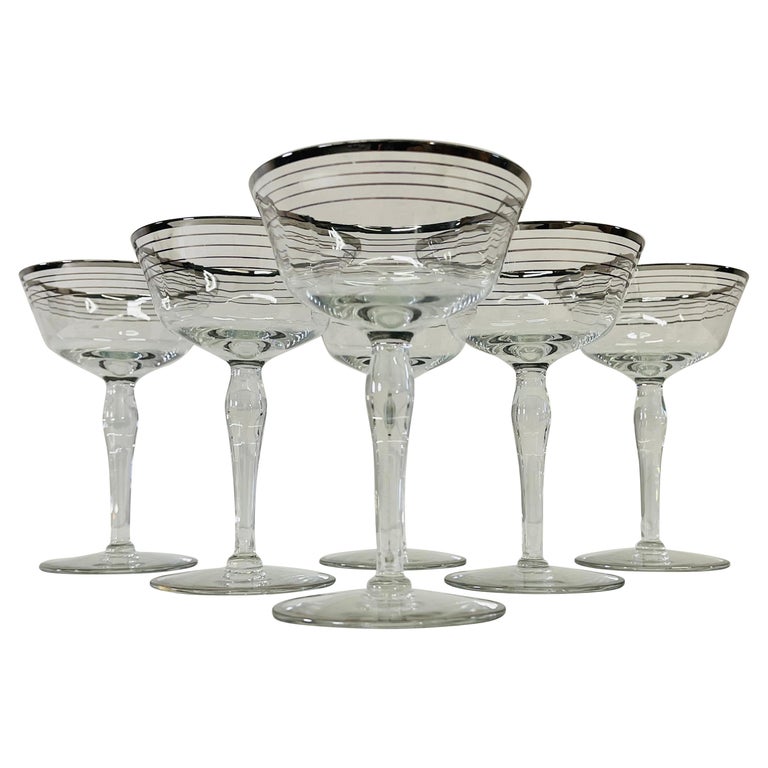 Art Deco Silver Ring Tall Glass Coupes, Set of 6 For Sale