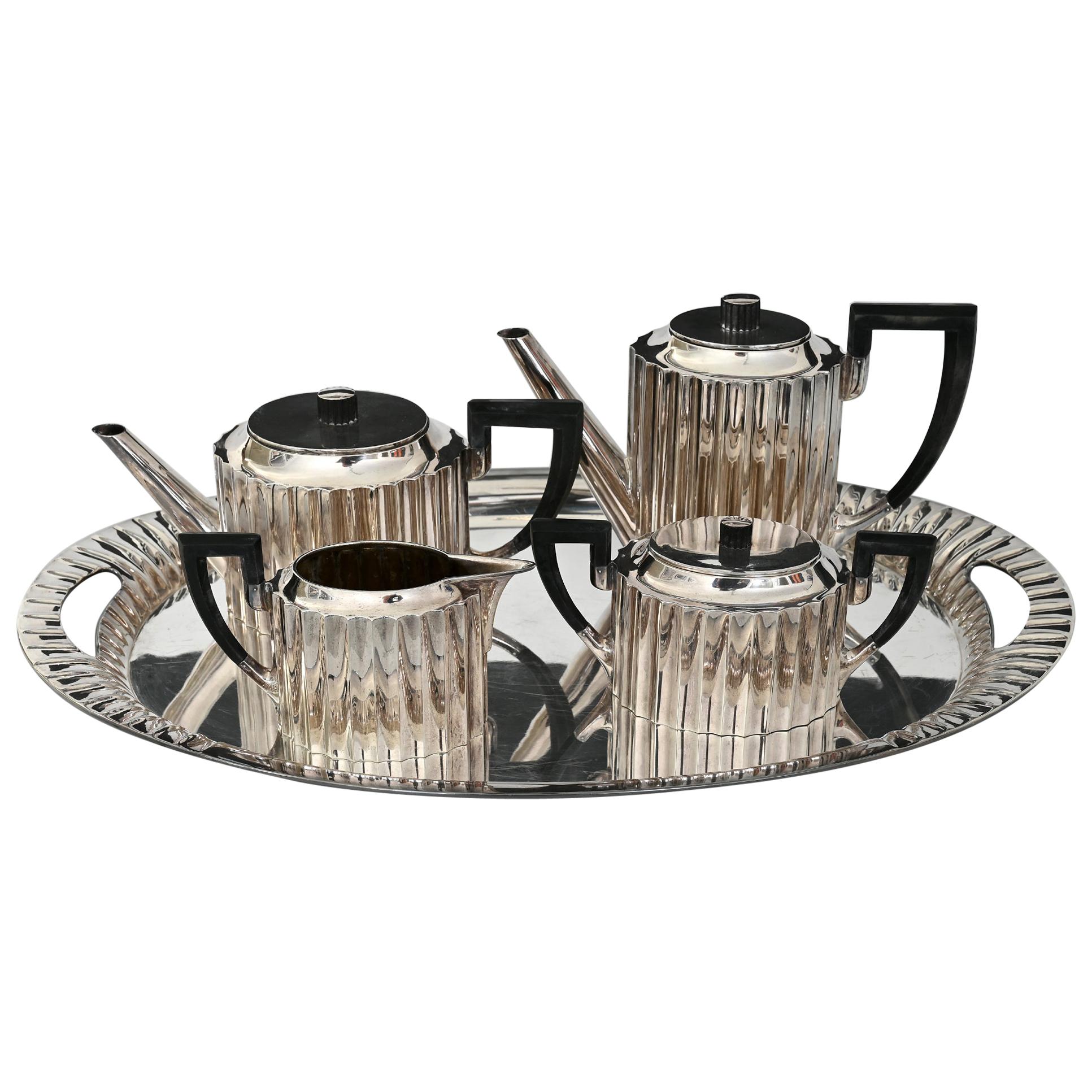 Art Deco Silver Tea and Coffee Set with Tray 5 Pieces, Silver 4.2 Kg