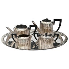 Antique Art Deco Silver Tea and Coffee Set with Tray 5 Pieces, Silver 4.2 Kg