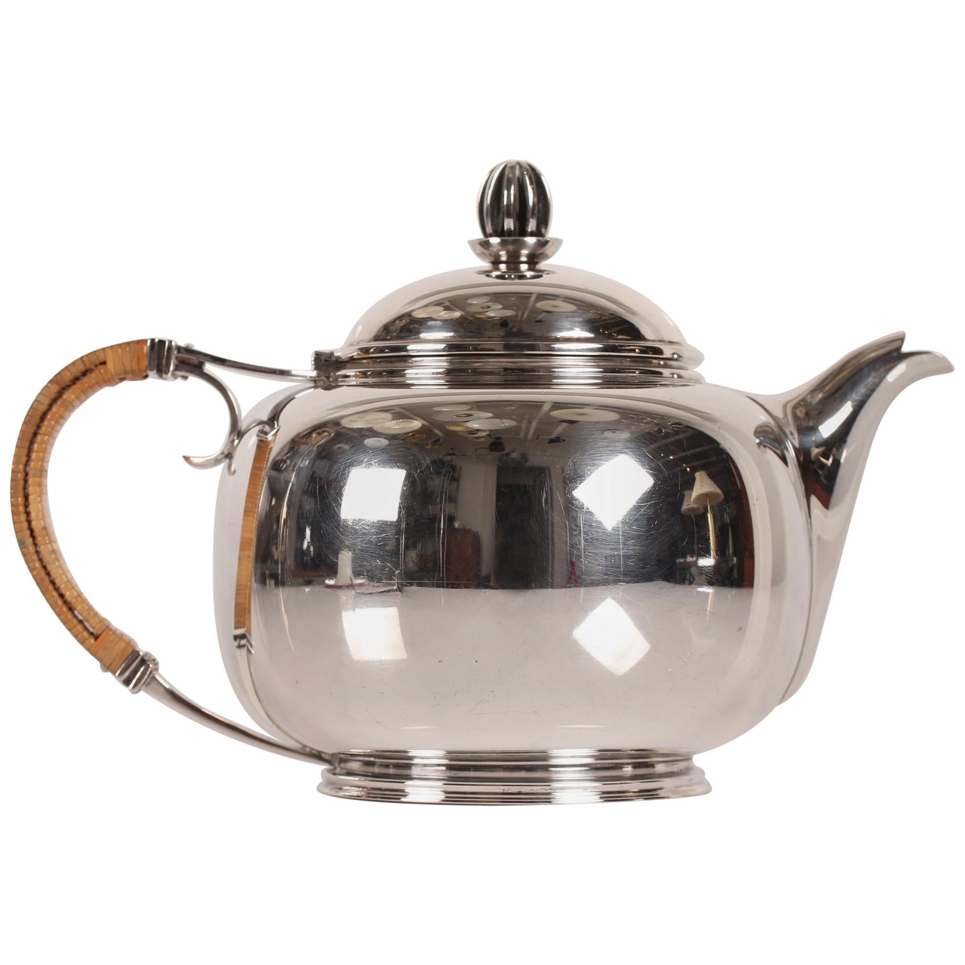 Art Deco Silver Teapot 830s with Straw Handle Made by Cohr Silver, Denmark, 1939 For Sale