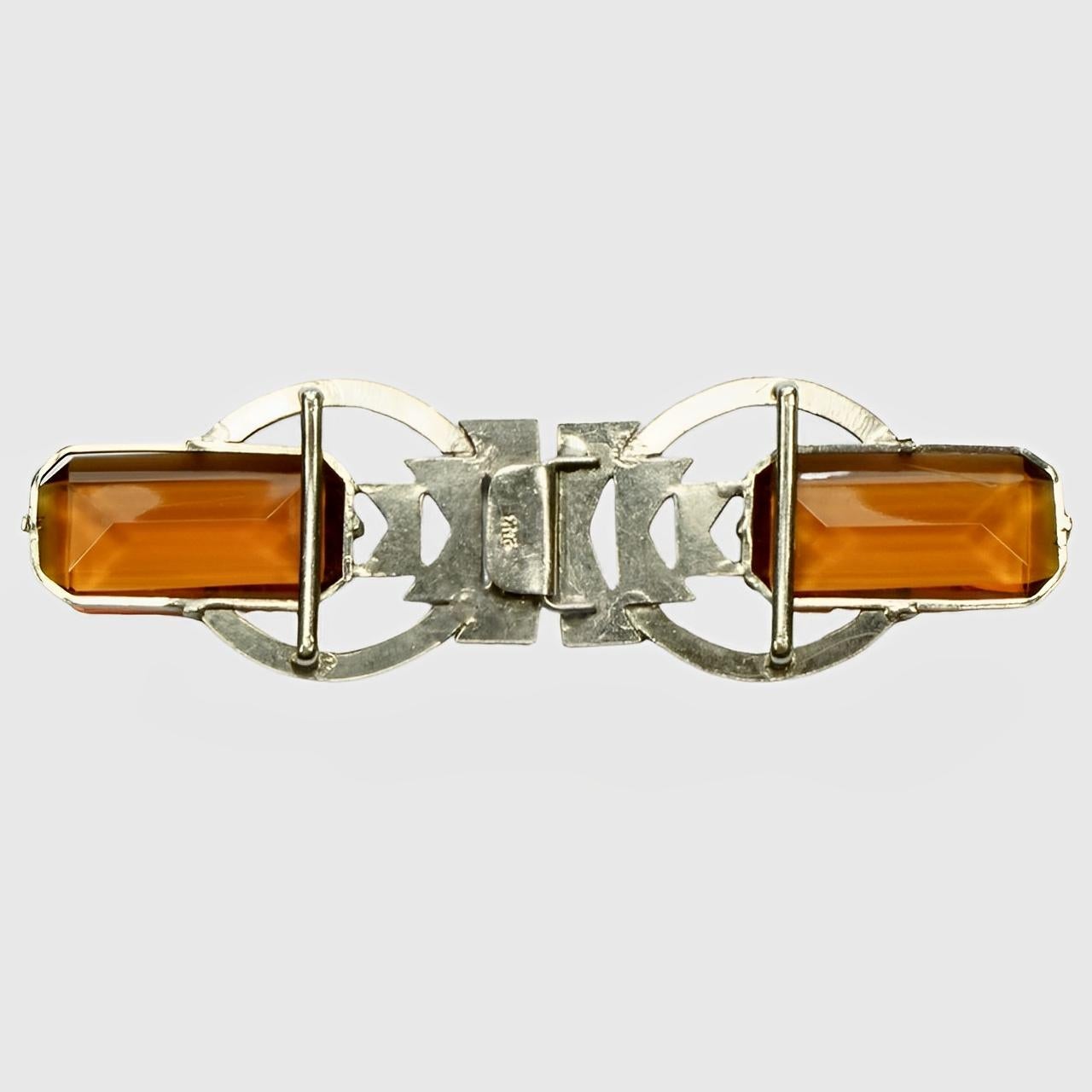 Brown Art Deco Silver Tone Belt Buckle with Paste Stones and Amber Glass For Sale