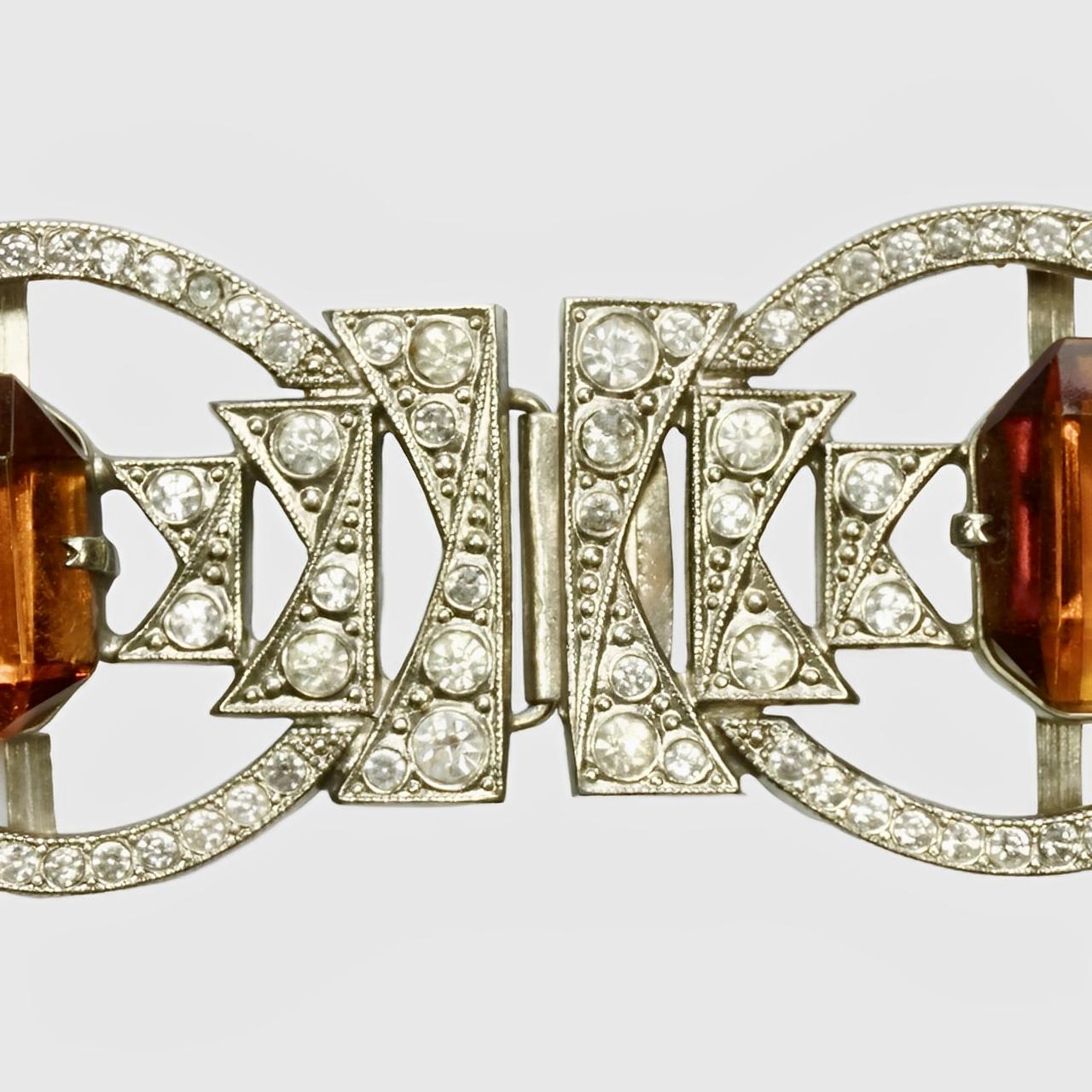 Art Deco Silver Tone Belt Buckle with Paste Stones and Amber Glass In Good Condition For Sale In London, GB