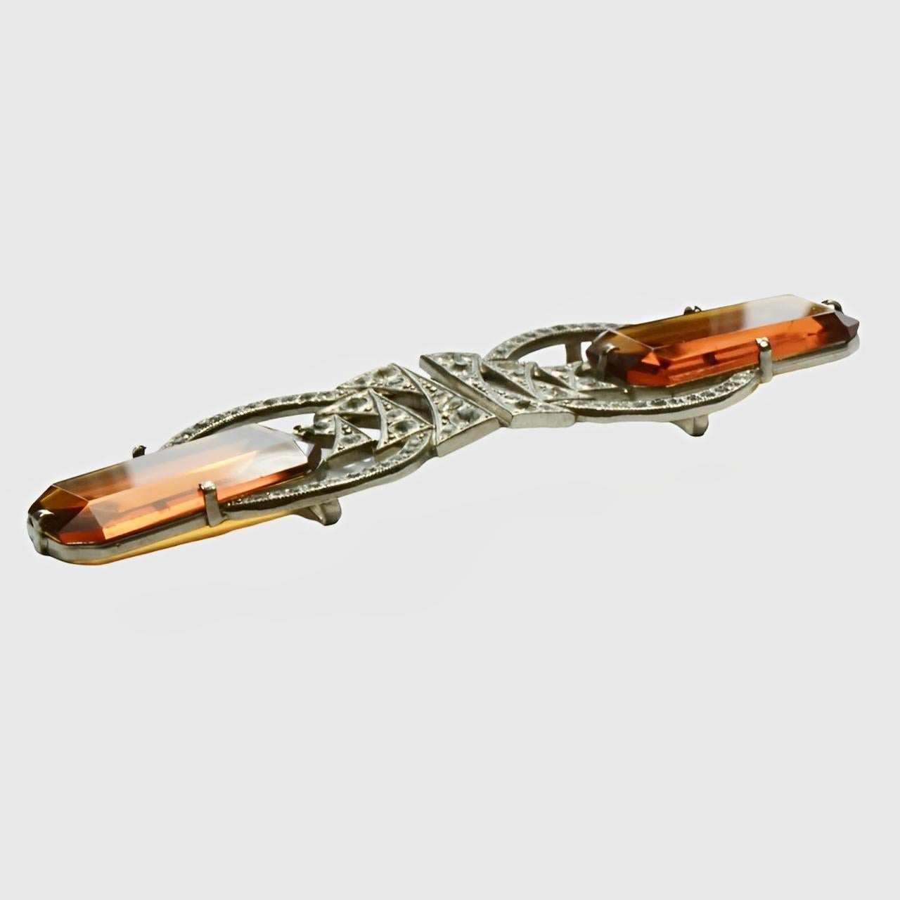 Art Deco Silver Tone Belt Buckle with Paste Stones and Amber Glass For Sale 1