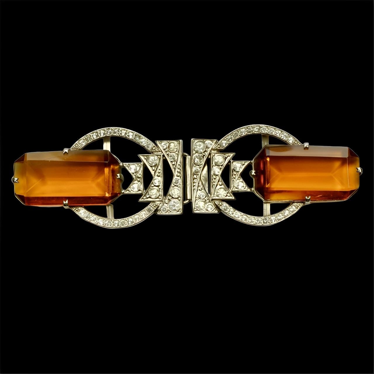 Art Deco Silver Tone Belt Buckle with Paste Stones and Amber Glass For Sale 2