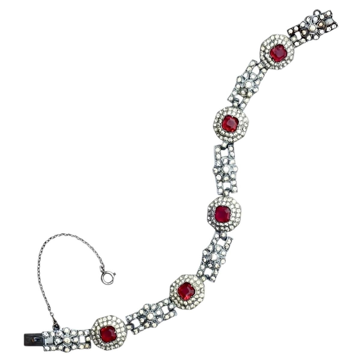 Bracelet Art Déco en argent avec strass rose fuchsia et transparents en vente