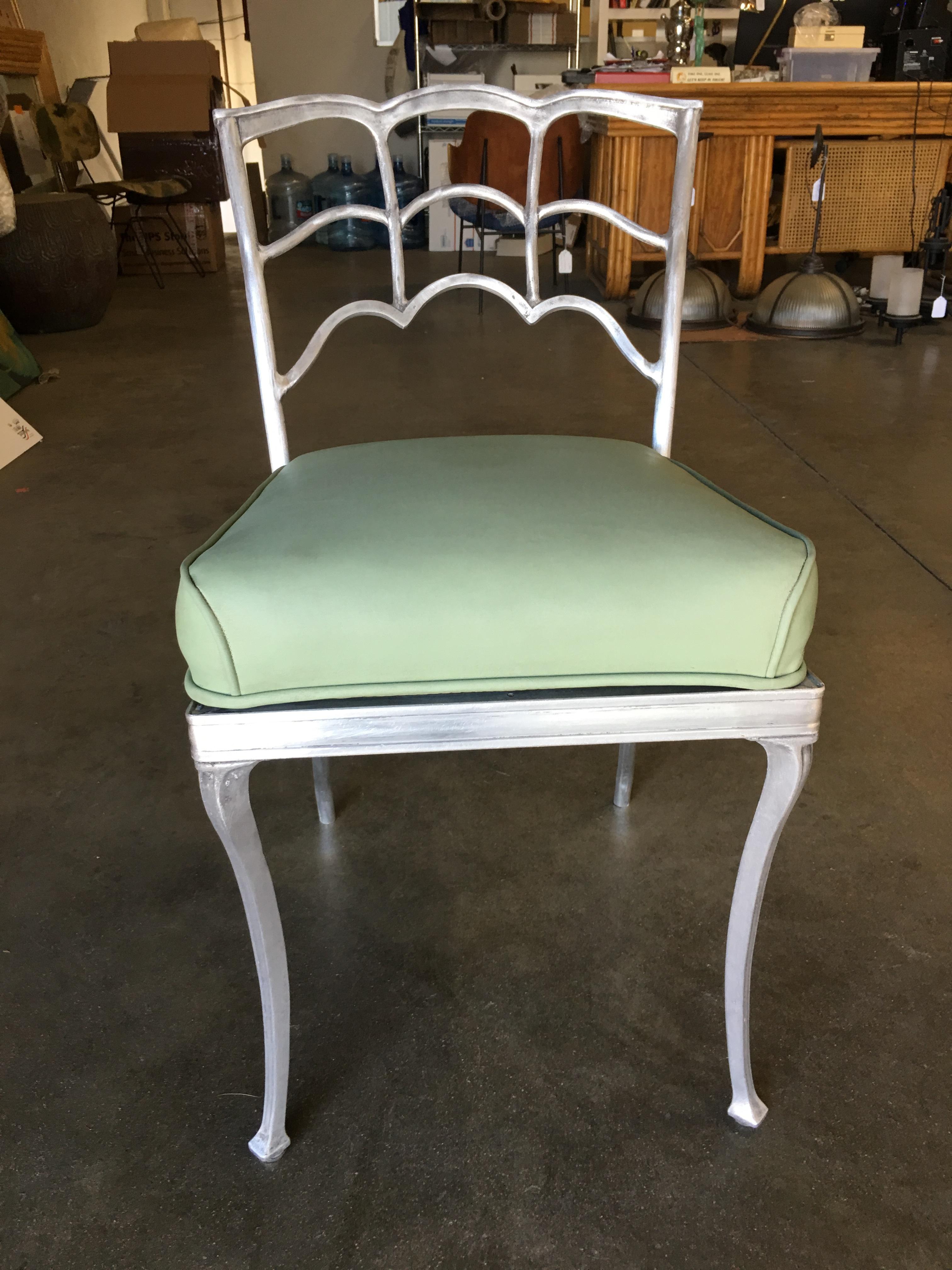 American Art Deco Silver Tone Casted Aluminum Spiderweb Side Chair, Pair For Sale