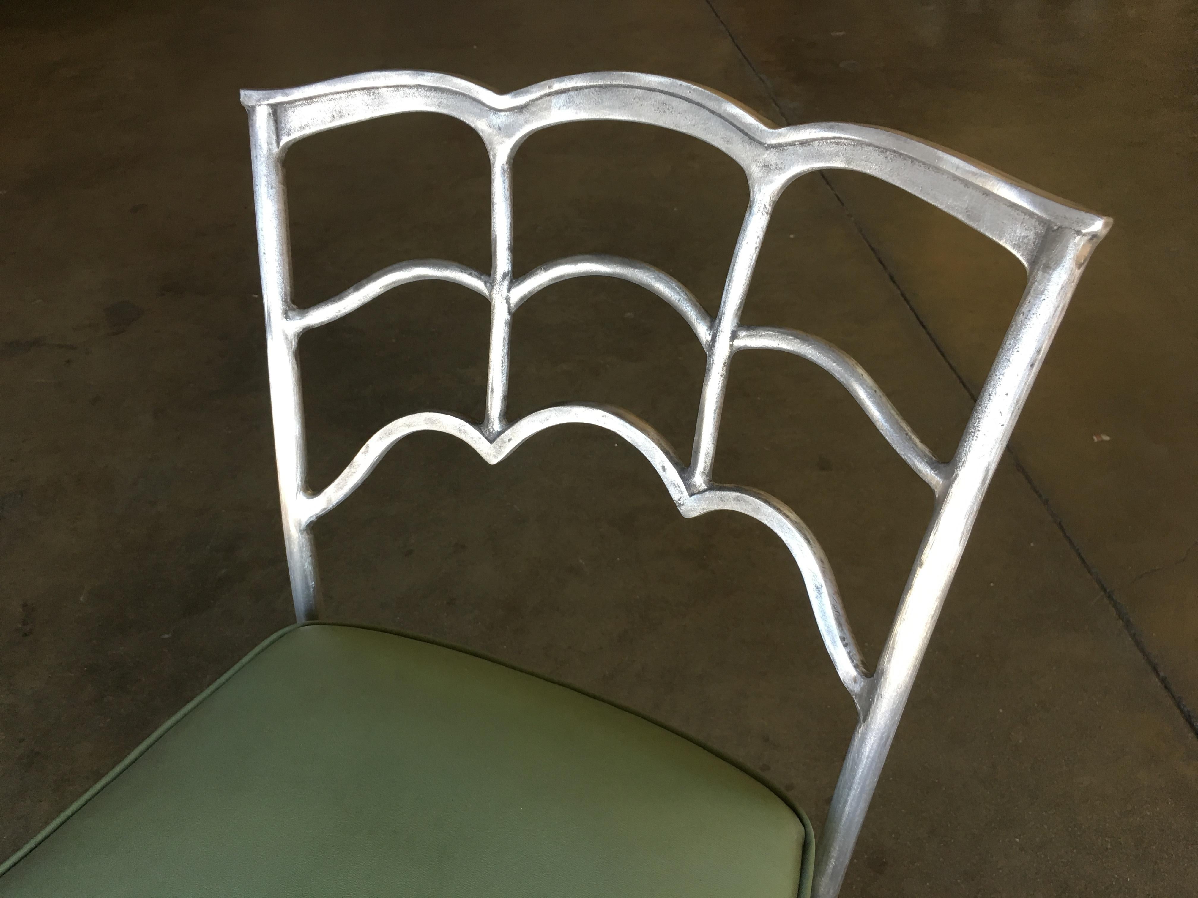 Art Deco Silver Tone Casted Aluminum Spiderweb Side Chair, Pair For Sale 1